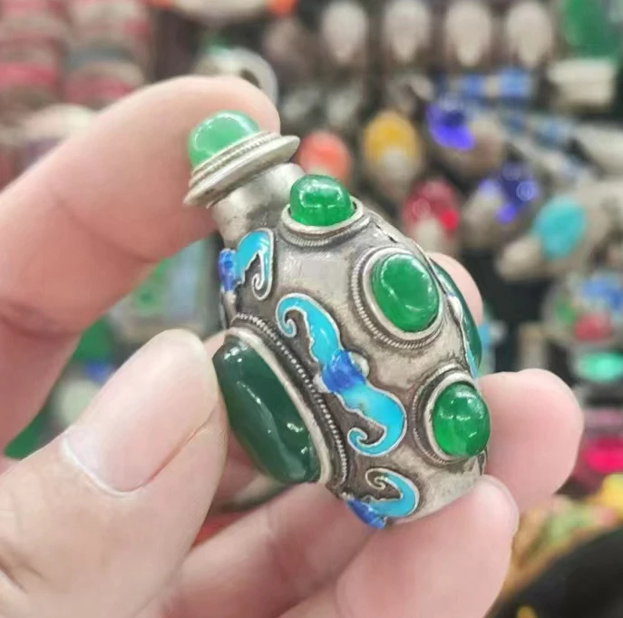 China old Tibetan folk silver inlaid with greenstone jade snuff bottle 4