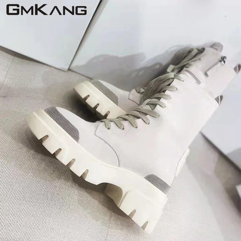 Thick Sole Short Boots Woman Suede Leather Lace Up Knight Boots Round Toe Flat Shoes Chain Decoration Motorcycle Boots Women