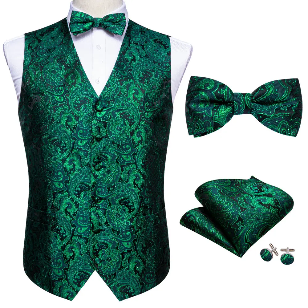 

Green Floral Silk Vest Waistcoat Men Suit Vest Silver Butterfly Handkerchief Cufflinks BowTie Vest Barry.Wang Business Design