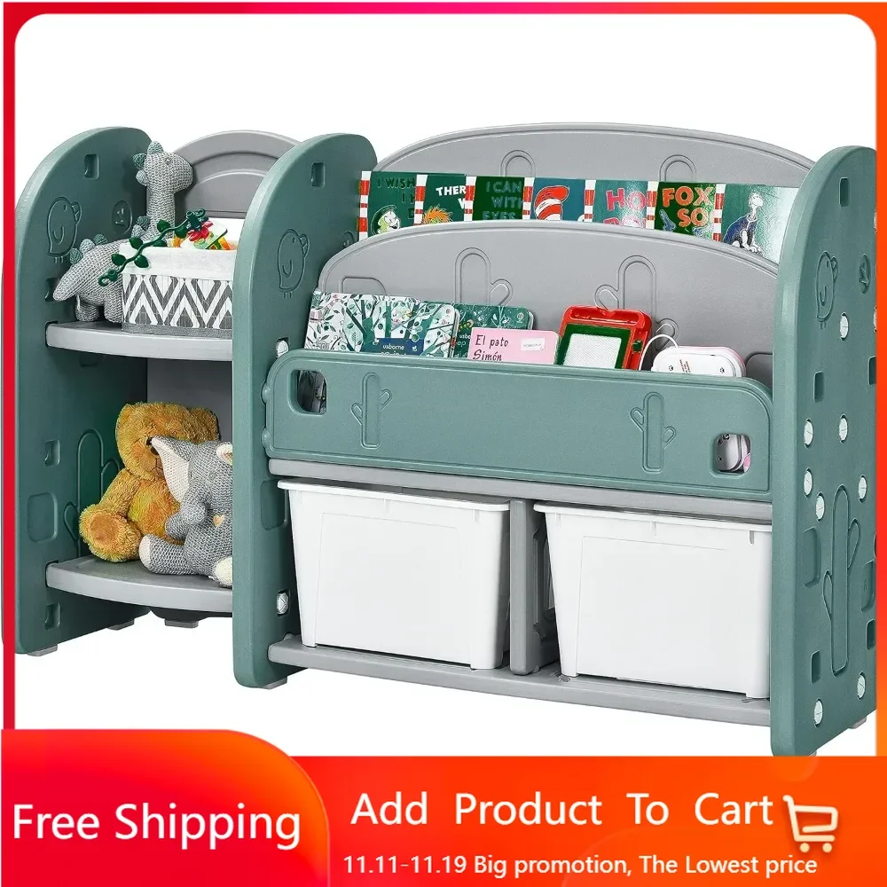 Kids Toy Storage Organizer, Toddler Bookshelf Cabinet w/ 2-Tier Bookshelf, 2 Shelves, 2 Removable Bins, (Green)
