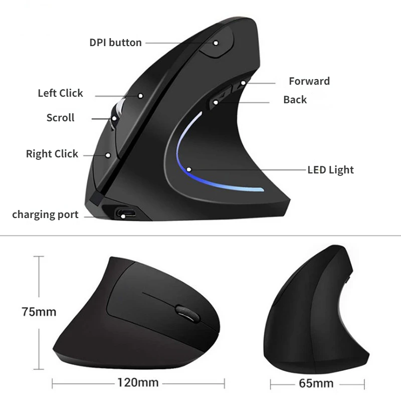 Mouse Vertical Bluetooth Mouse Óptico Ergonômico sem Fio Recarregável 2.4g Ratos de Mão Esquerda e Direita 1600 Dpi Laptop pc Mac Presente - Imagem 6
