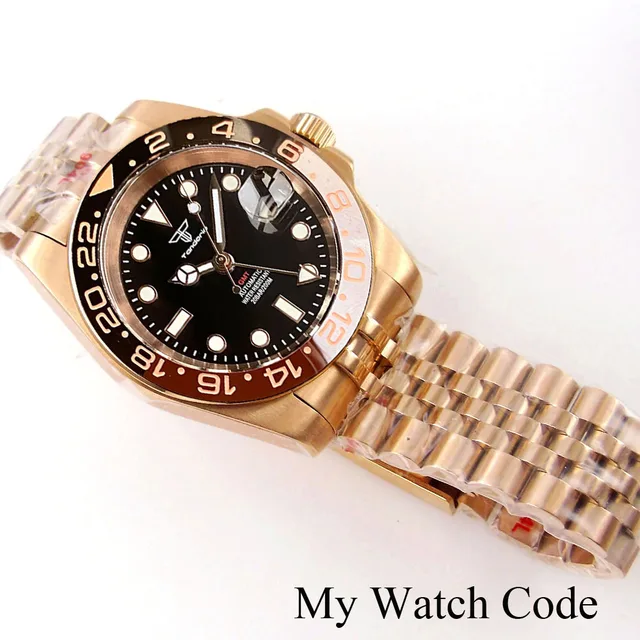 NH34 GMT Two Tone Silver Rose Gold Diving Watch for Men Root Beer 