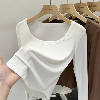 2025 الخريف الشتاء مكتب سيدة الأساسية س الرقبة سليم تي شيرت المرأة الصلبة متعددة الاتجاه رداء علوي غير رسمي كم طويل مضلع مطاطا تيز 3