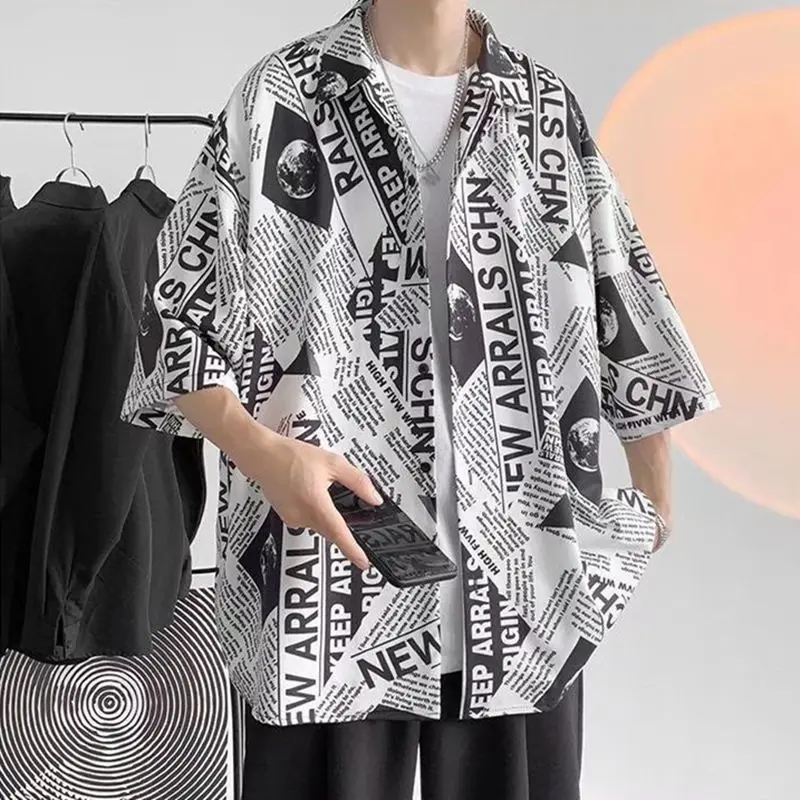 Fashion Lapel Button Letter Printed Shirt Men's Clothing 2023 Summer New Oversized Casual Tops Three Quarter Loose Shirts