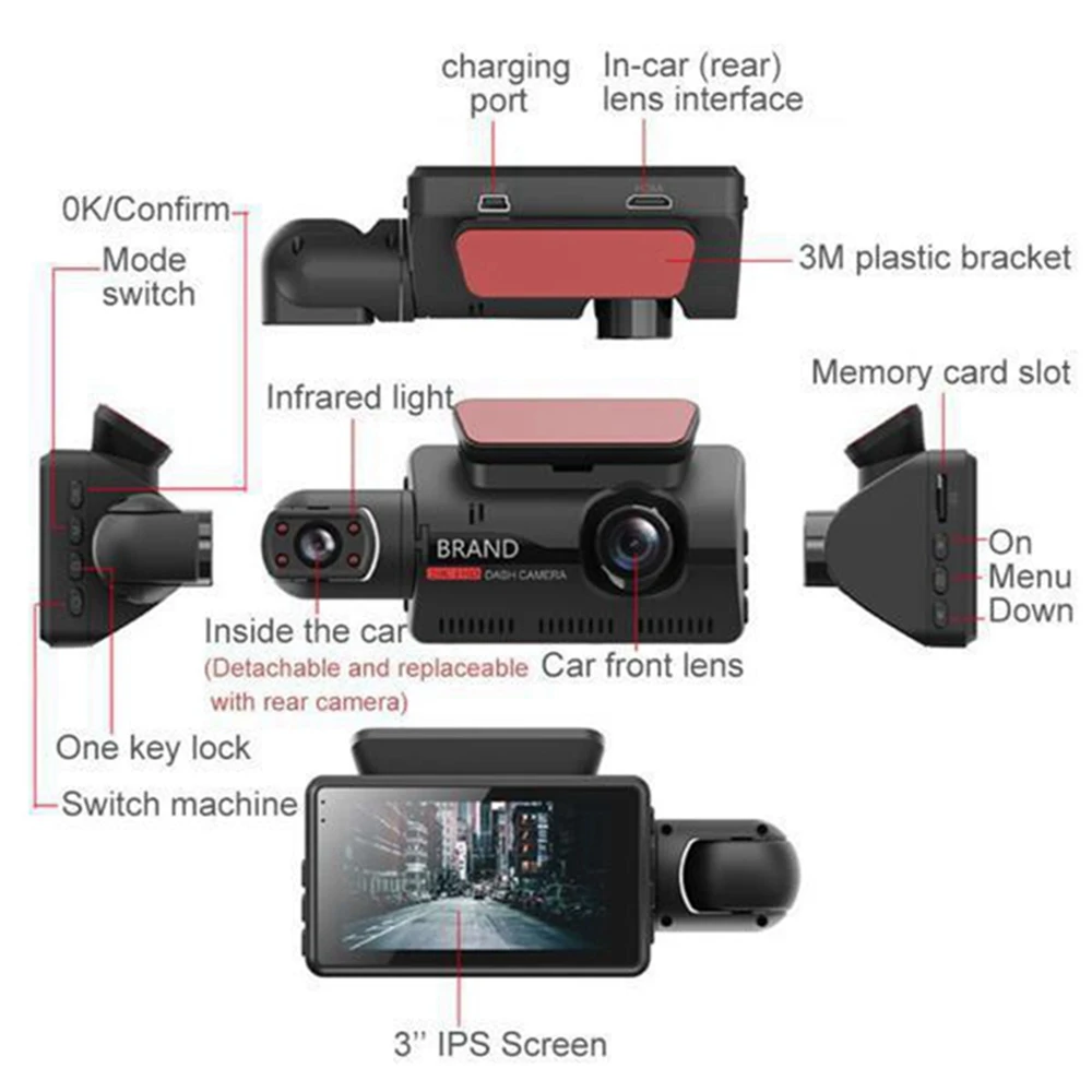 미니 대시 캠 A68, 3 인치 IPS 스크린, 숨겨진 자동차 블랙 박스, 풀 HD 와이드 엔젤 전면 및 IR 내부 듀얼 렌즈, 광각 자동차 녹음기