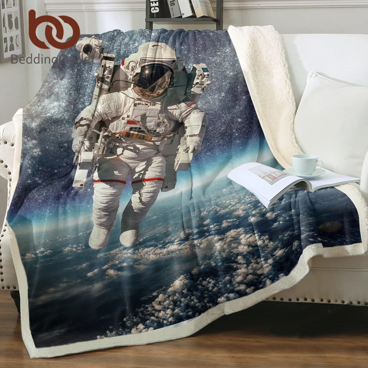 

BeddingOutlet Outer Space Astronaut Sherpa Fleece Blanket Soft Warm For Children Teens Cartoon Design Warm Travel Camping Gift