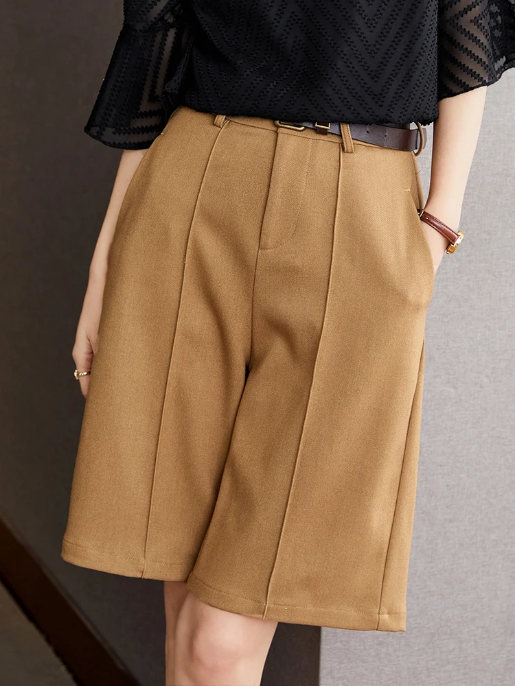 QOERLIN Stylish Women Khaki Bermuda Shorts 2024 New High Waist Wide Leg Office Lady Elegant Suit Shorts Workwear Korean Fashion