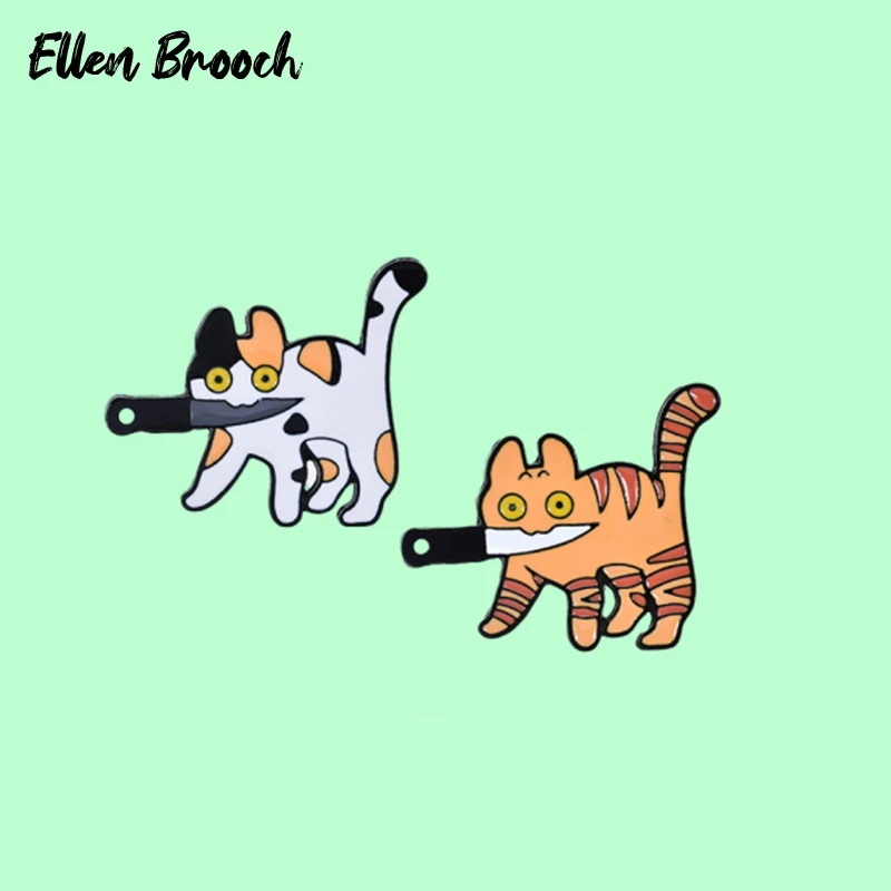 Cats with Knife Enamel Pins Cartoon Kitty Alloy Brooch on Clothes Bag