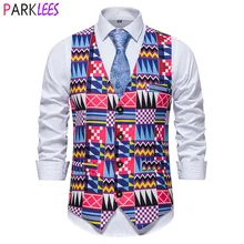 

Fashion Geometric African Graphic Print Suit Vest for Men Slim Fit V Neck Sleeveless Waistcoat Mens Casual Hip Hop Dashiki Vests