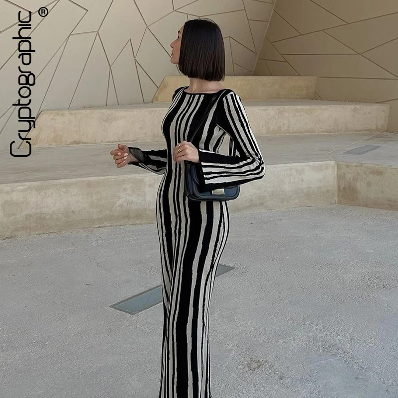 

Cryptographic Vintage Striped Knitted Long Sleeve Maxi Dresses Fall Winter Chic Fashion Outfits Elegant Sweater Dress Clothes