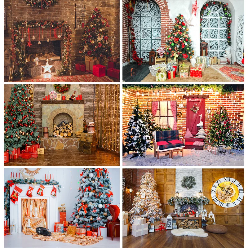 

Vinyl Custom Christmas Day Photography Backdrops Prop Christmas Tree Fireplace Photographic Background Cloth 21710CHM-005