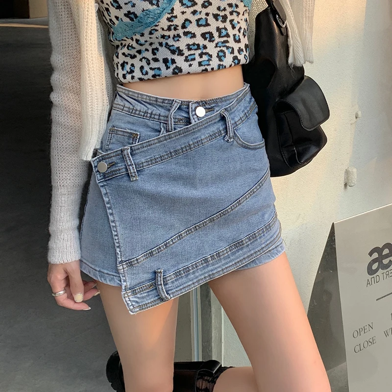 Denim Skirt Women'sKorean-Style Irregular Stitching A- line Slim-Fit Hip Chain Fungus Pocket Asymmetric Design Spring and Summer xsjpzh sexy women show curvy jeans high waisted pull slim trousers plus size stretch denim pants trendy asymmetric flared jeans