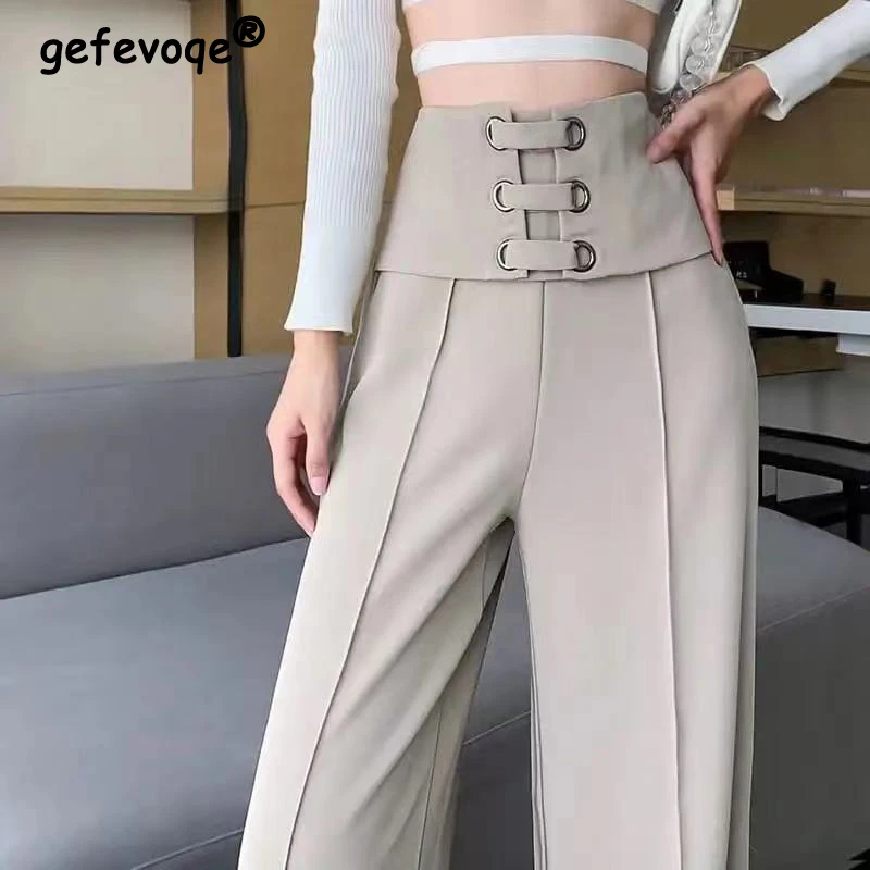 

Women's Autunm Korean Fashion Casual Solid Wide Leg Trousers Office Lady Elegant Chic High Waist Straight Suit Pants Pantalones