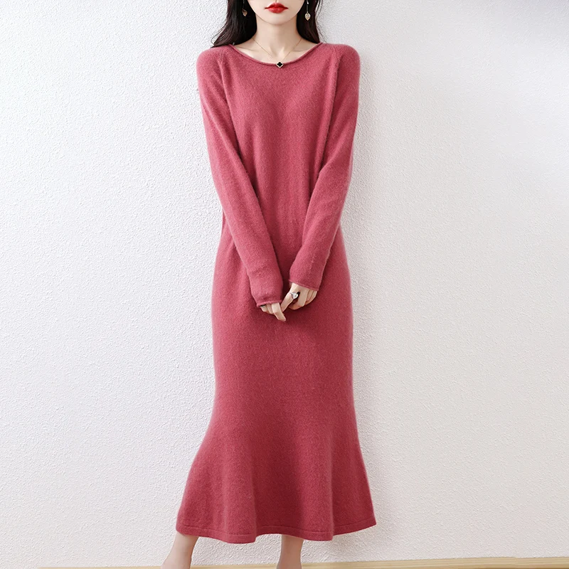 

Autumn and Winter Low Round Neck Knitwear Pullover Dress Women's 100 Pure Wool Skirt Slim Fit Fishtail Bottom Skirt