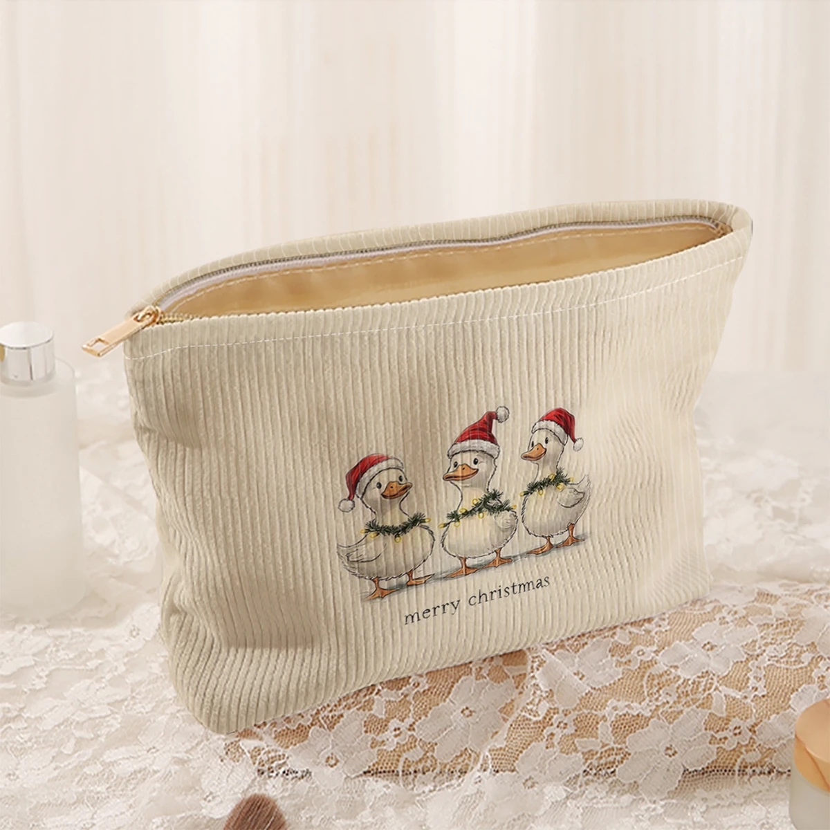 1 Christmas themed corduroy makeup bag, lightweight zipper makeup storage box, multifunctional bag with lining
