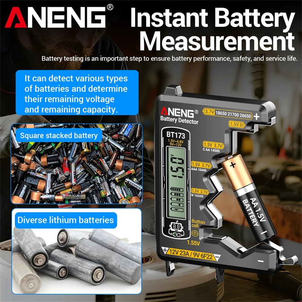 Tester batteria per tutte le batterie al litio 18650 Indicatore di capacità ANENG BT173 Analizzatore portatile Misuratore di tensione Strumenti per elettricisti - immagine 2