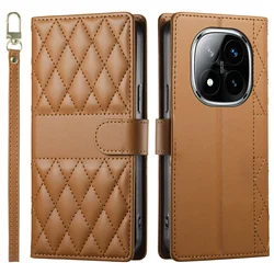 Crossbody Leather Wallet Case with Card Slot and Grid Lanyard - Book Flip Cover for RM Note14ProPlus 5G (Brown)