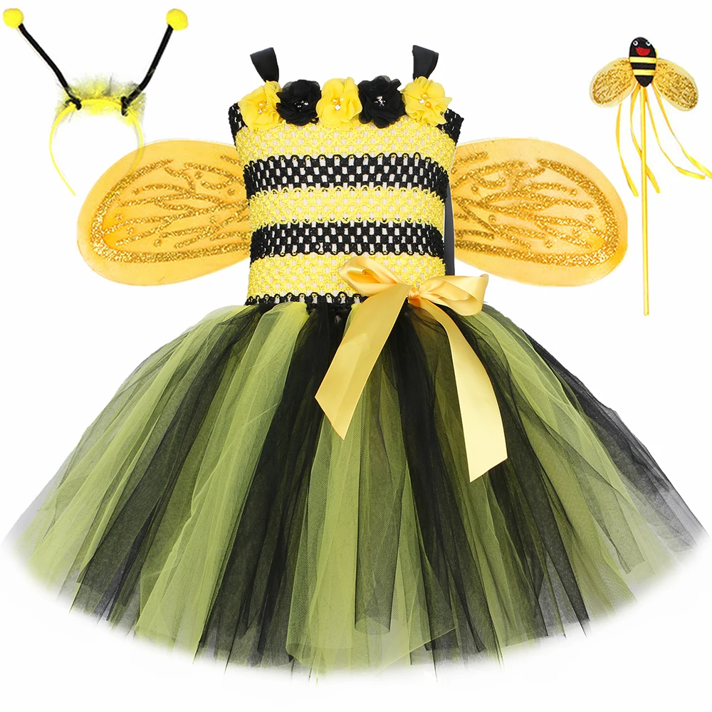 Little Bee Tutu Dress for Girls Halloweeen Cosplay Costume Tulle Flowers Kids Holiday Party