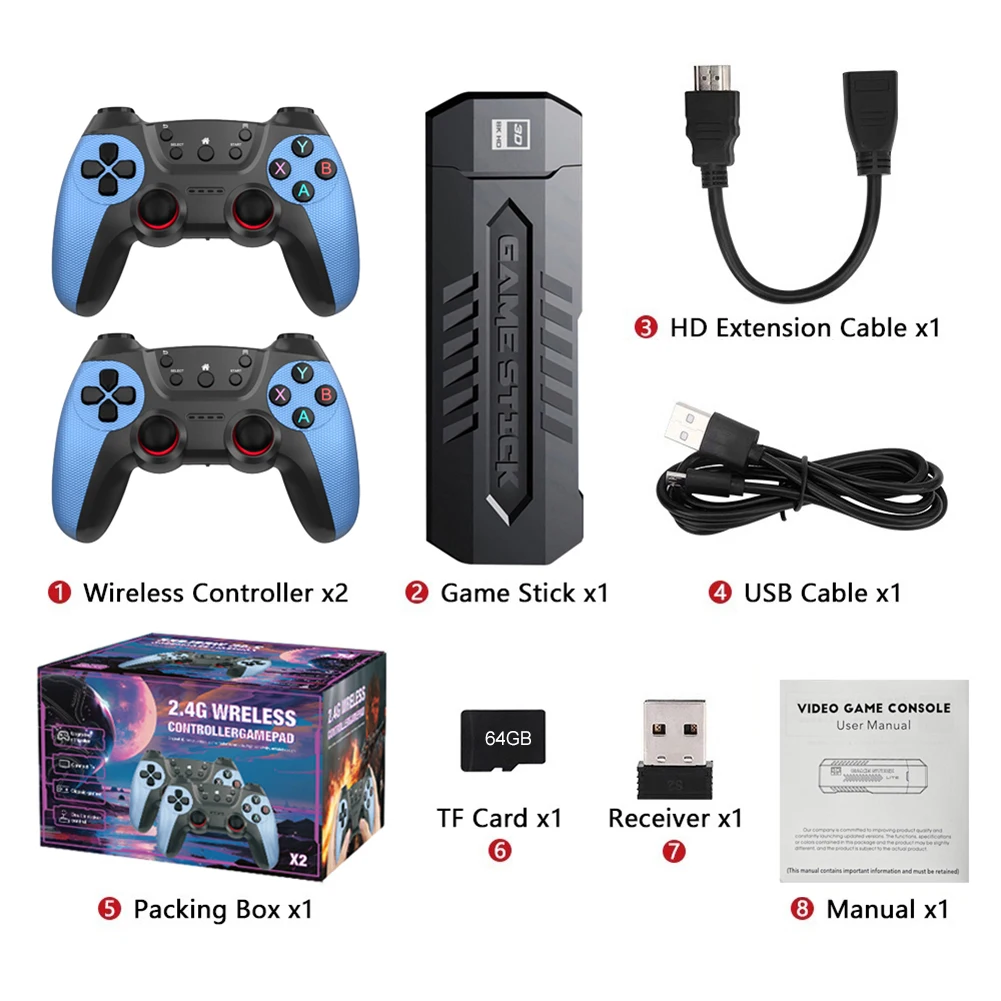 64/128/256GB Wireless Retro Game Console 4K HD Retro Video Game Console Dual 2.4G Wireless Controller for TV Computer Projector
