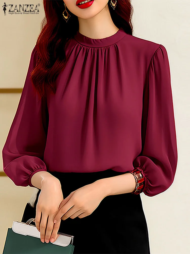 

Коллекция 2024 года, модные женские повседневные однотонные топы ZANZEA, элегантная офисная блузка для работы, летняя Однотонная рубашка с длинным рукавом, женские блузки