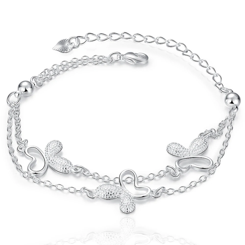 DOTEFFIL 925 Sterling Silver Butterfly Heart Bead Chain Bracelet For Woman Charm Wedding Engagement Fashion Party Jewelry