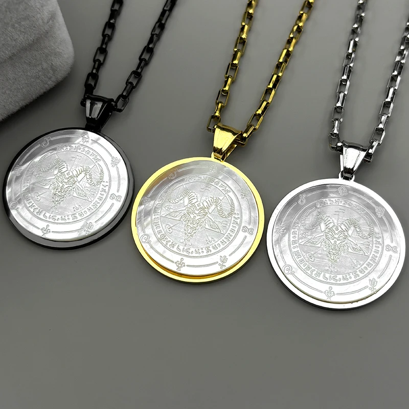 Hexerei Goth Baphomet die sabbatische Ziege Satan Pentagramm Halsketten für Frauen Männer Edelstahl hebräische Muschel Anhänger Schmuck