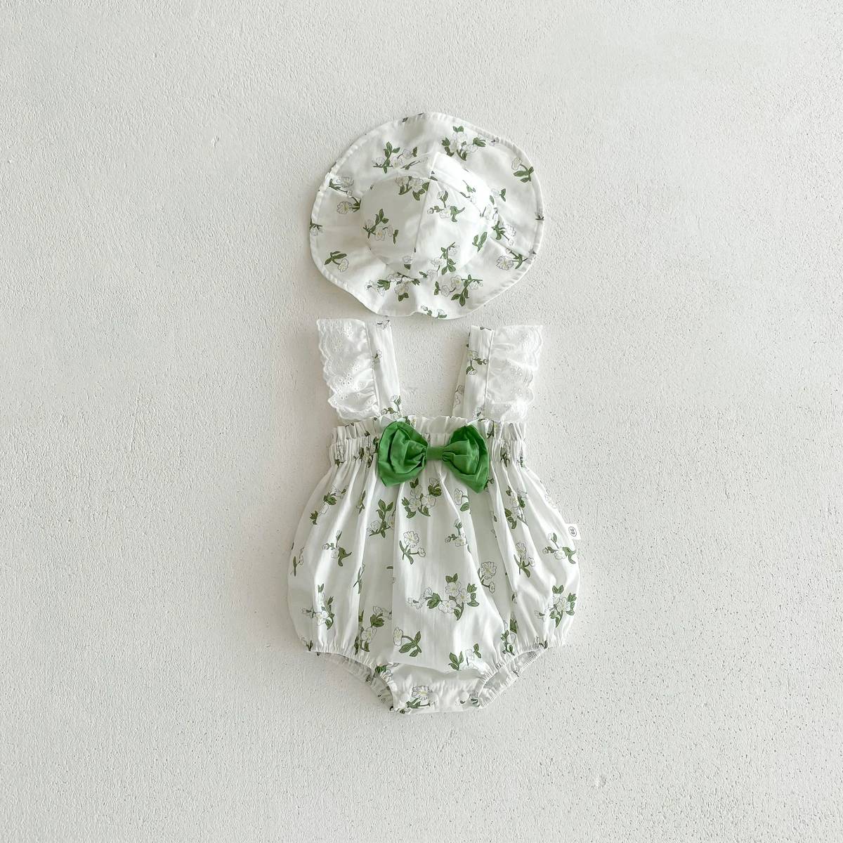 Summer Baby Bodysuit Girls Lace Short Sleeves Floral Prints Romper with Hat 0-2yrs