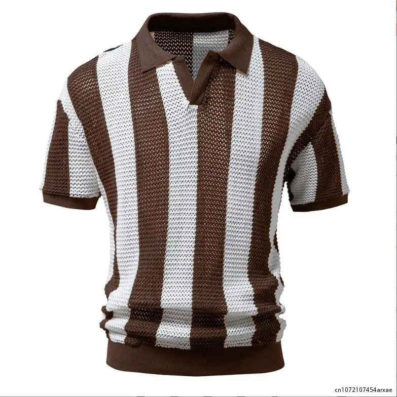 

Mens Sexy See Through V Neck Mesh Transparent Polo Shirts Summer Short Sleeve Ribbed Knit Tee Shirt Fashion Casual Fishnet Tops