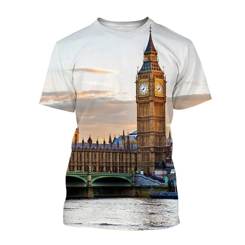 British London Big Ben T-Shirt Stampata In 3D Da Uomo A Maniche Corte Orologio Casual Tower Building T Shirt Streetwear Top Vestiti Estivi