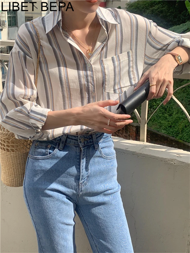 

BL9670 New 2023 Chic Shirts Striped Korean Fashion Wild Office Oversized Women Blouse Spring Summer Vintage Elegant Lady Tops