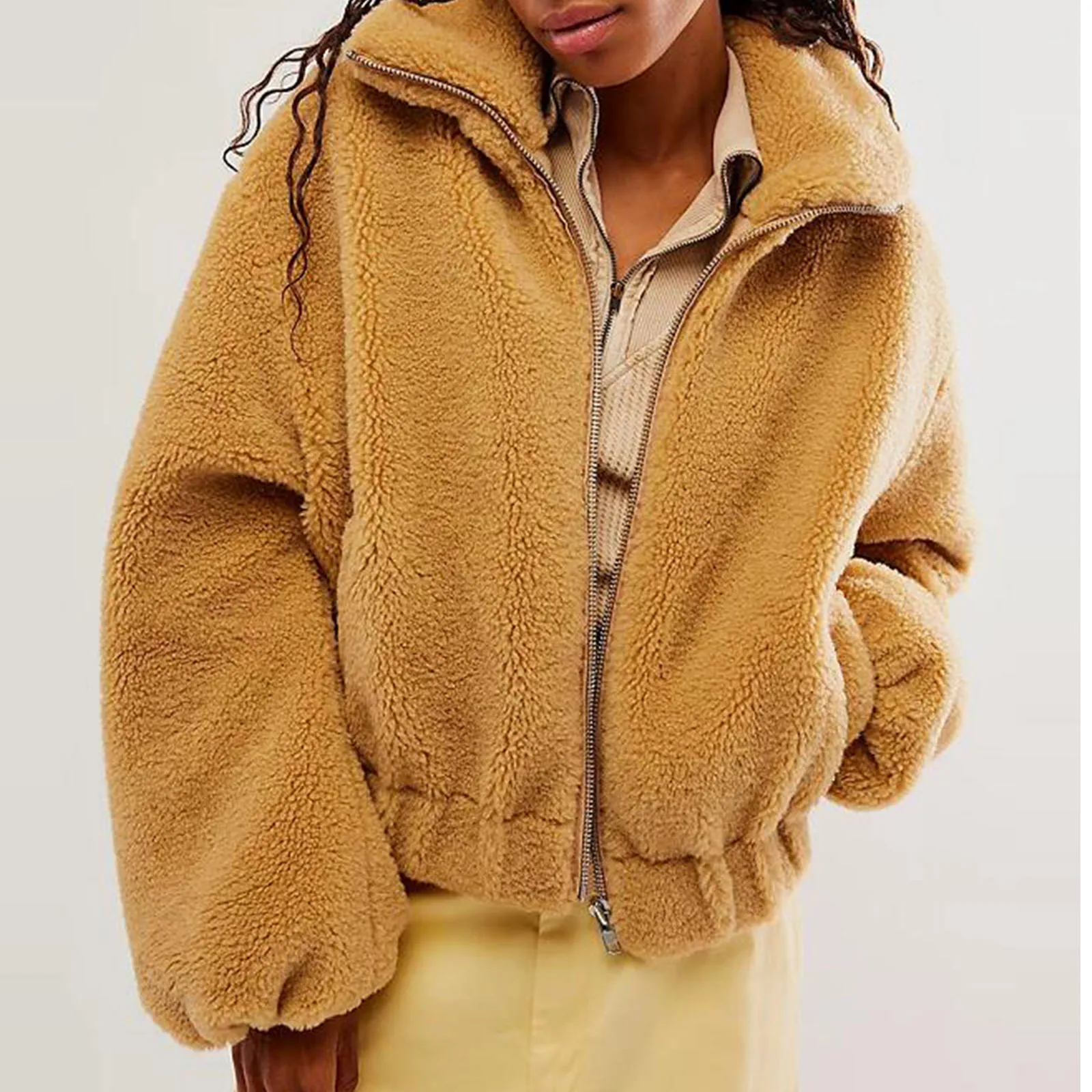

Women's Winter Warm Jacket Long Sleeve Zipper Coatt Furry Casual Jacket Fashion Outwear with Pockets Streetwear