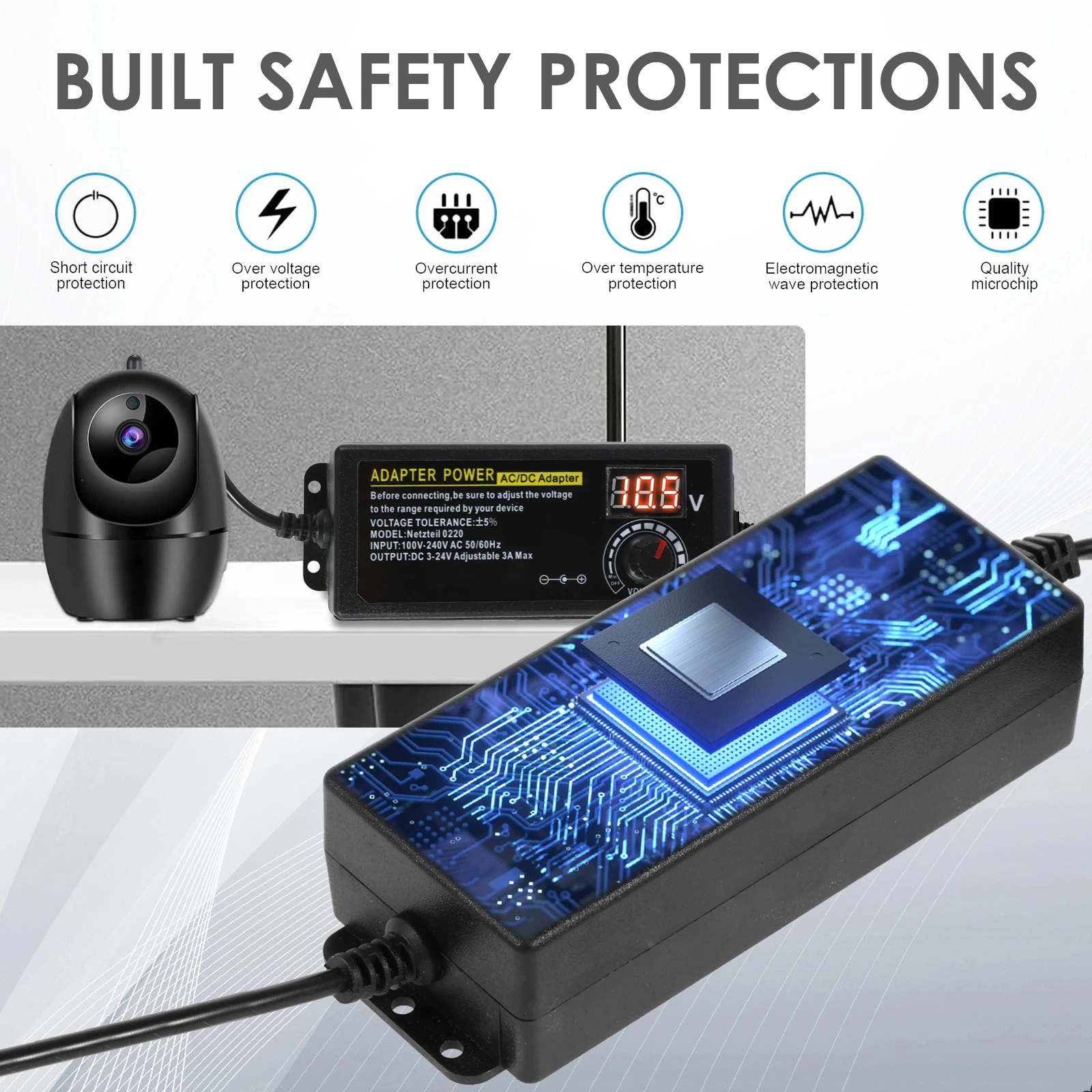 120W Instelbare Voeding DC 3V ~ 24V MAX 5A Universele schakelende AC Naar DC-adapterconverter 100V-240V AC/DC Met LED-spanningsweergave en 14 Veelgebruikte Tips, Voor Huishoudelijke Elektronica