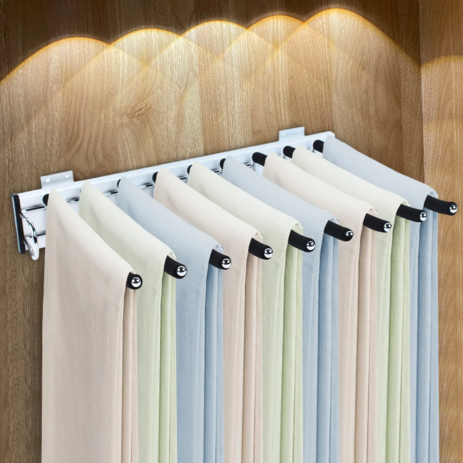 9 Arms Pull Out Trouser Rack Closet Pants Clothes Hangers Storage Holder Space Saving Silent with Three-section Rail & ABS Base