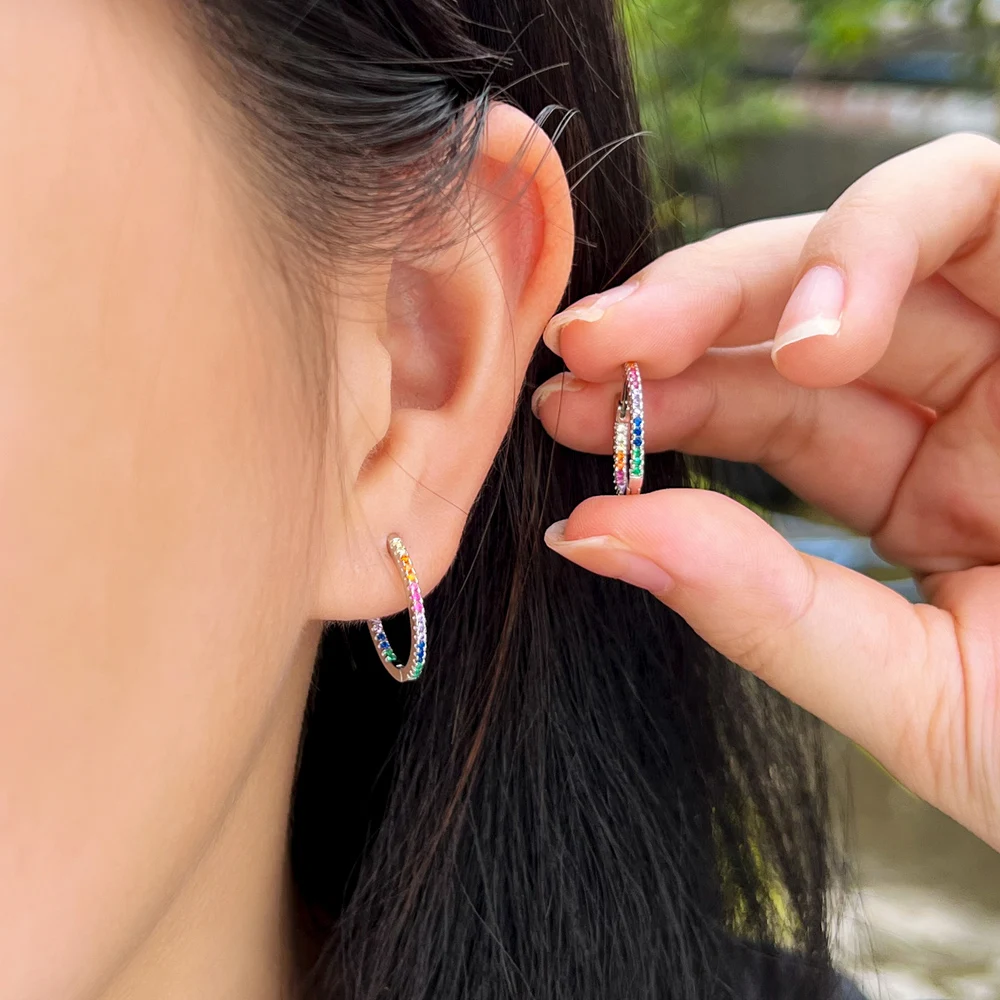 QooLady Multicolor Rainbow Round Hoop Earrings for Women 925 Sterling Silver Cubic Zirconia Daily Party Jewelry Gifts SE032 5