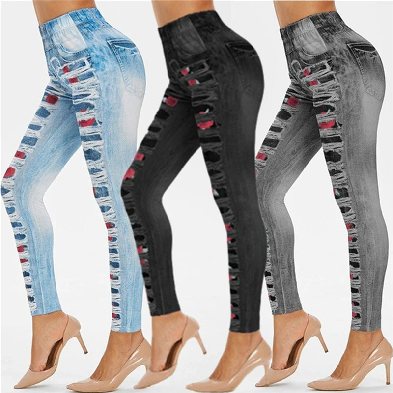 Skinny Jeggings 3d Rose Printed Ripped Denim Jeans High Elastic