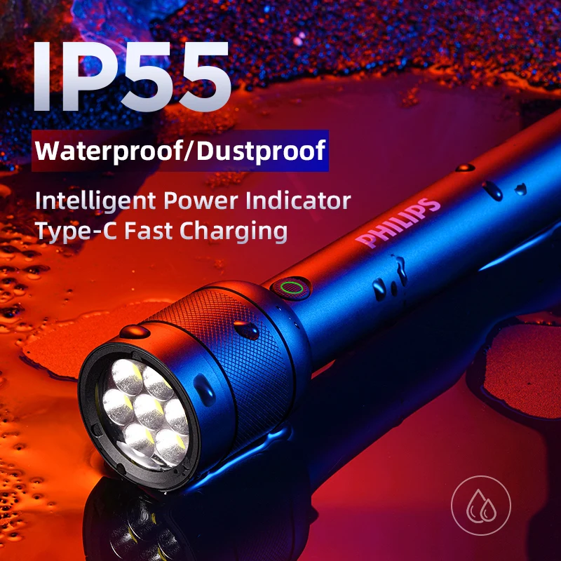 필립스 충전식 밝은 손전등, 3000 루멘 손전등, 6000mAh 배터리, IP55 방수, 야외용 캠핑 조명