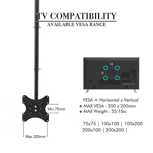 TMC-7004 32-55"电视吊顶支架最大VESA200*200 长度可调 360度旋转上下5-15°承重25kg-31
