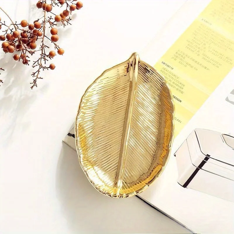 Golden leaf ceramic jewelry tray, cosmetic jewelry storage tray, decorative item tray, home desktop decoration 3