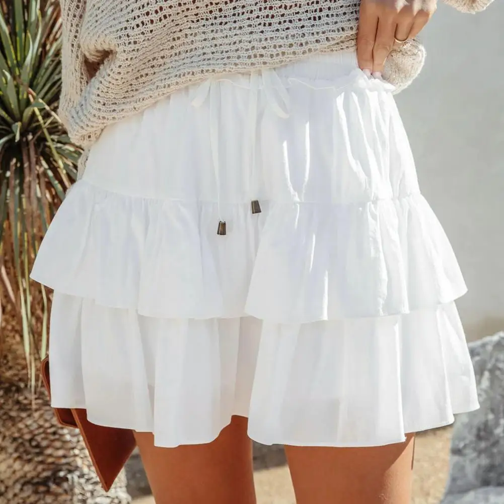 Pleated A-Line Skirt Women White Ruffle Sweet Tierred Pretty Style Skirt Elastic Waist Summer Slim Basic Korean Harajuku Dress