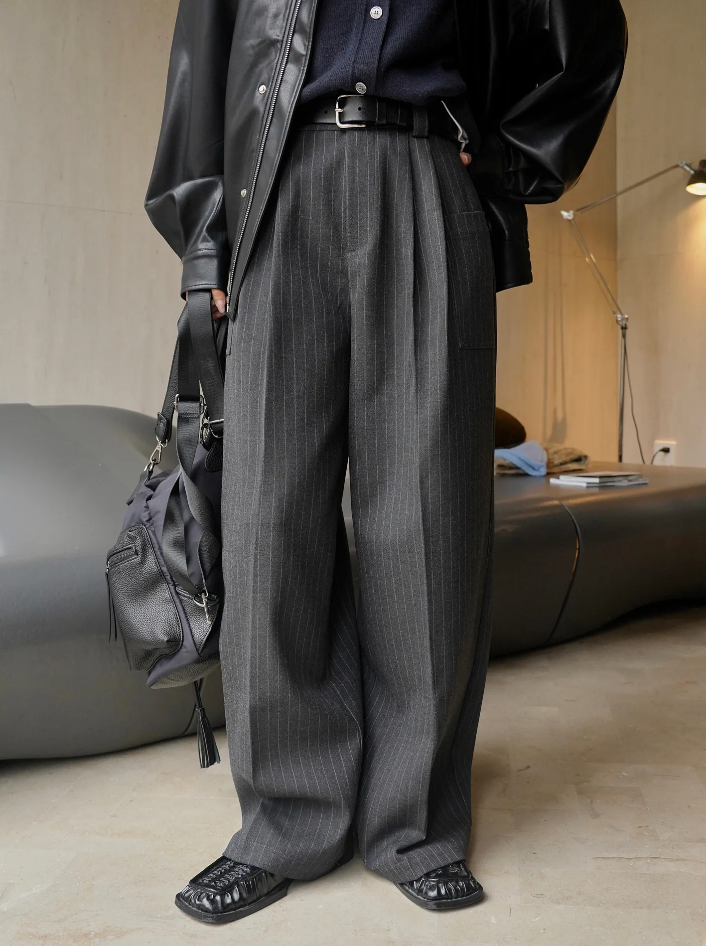

Women's Side Pocket Wide Leg Striped Work Pants Office Gray Blue Flowy Pants