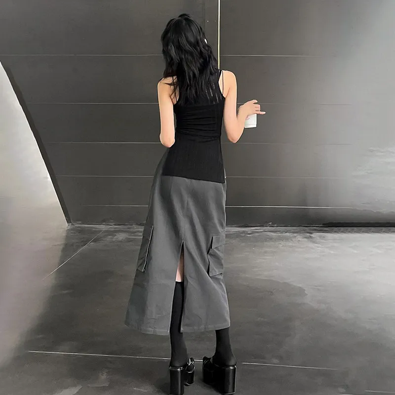 여성용 섹시한 미드 카프 스커트, 단추 캐주얼 솔리드 파티, 우아한 하이 웨이스트, 그레이 스커트, 스트리트 웨어 포켓, 패션 스커트, 여름 신상