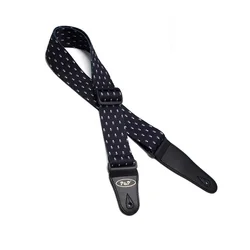 Embroidered Black and White Adjustable Guitar Strap with Leather Ends (A)