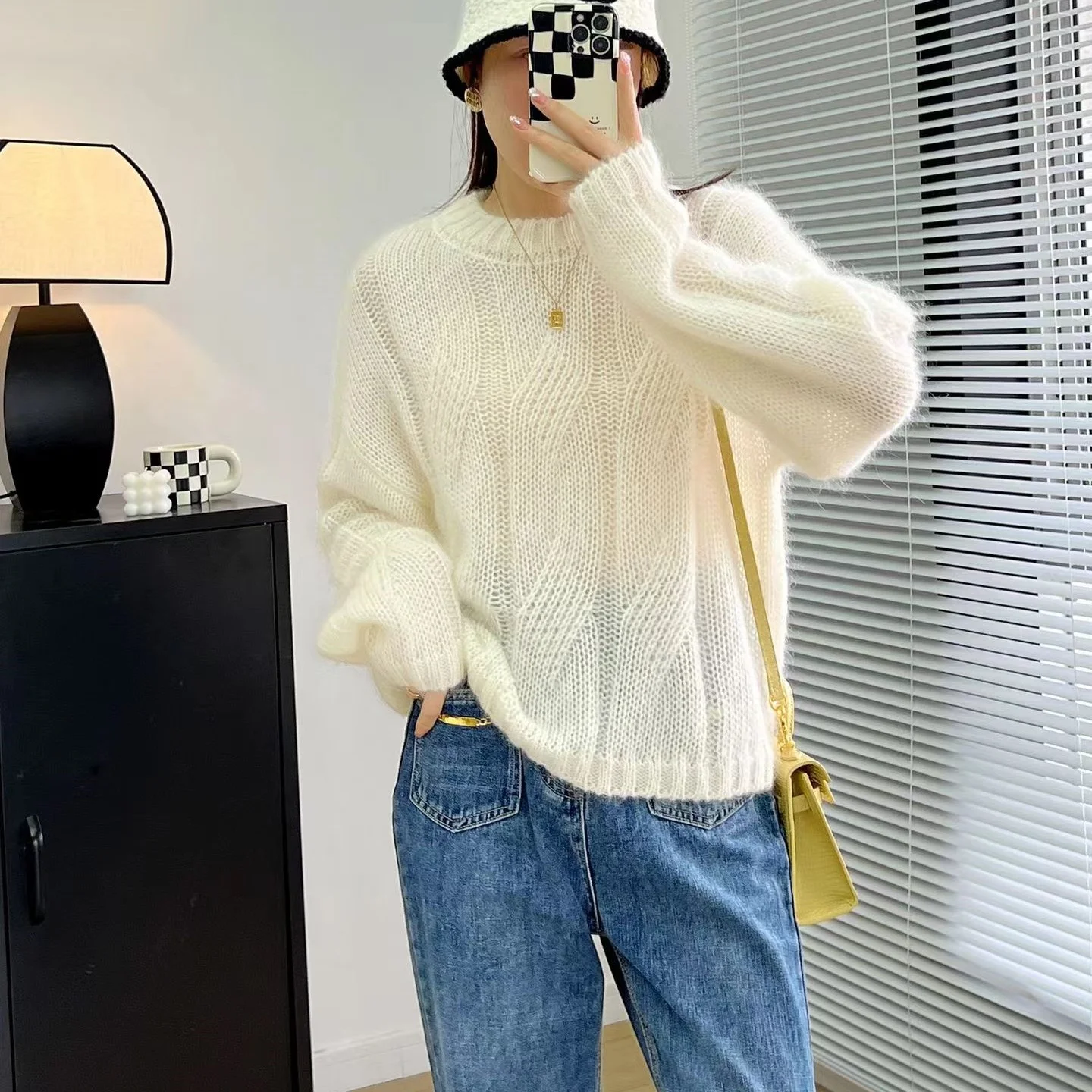 여성용 모헤어 피부 친화적 스웨터, 부드러운 왁스 풀오버, 느슨하고 게으른 관리 니트웨어, 가을 및 겨울 신상