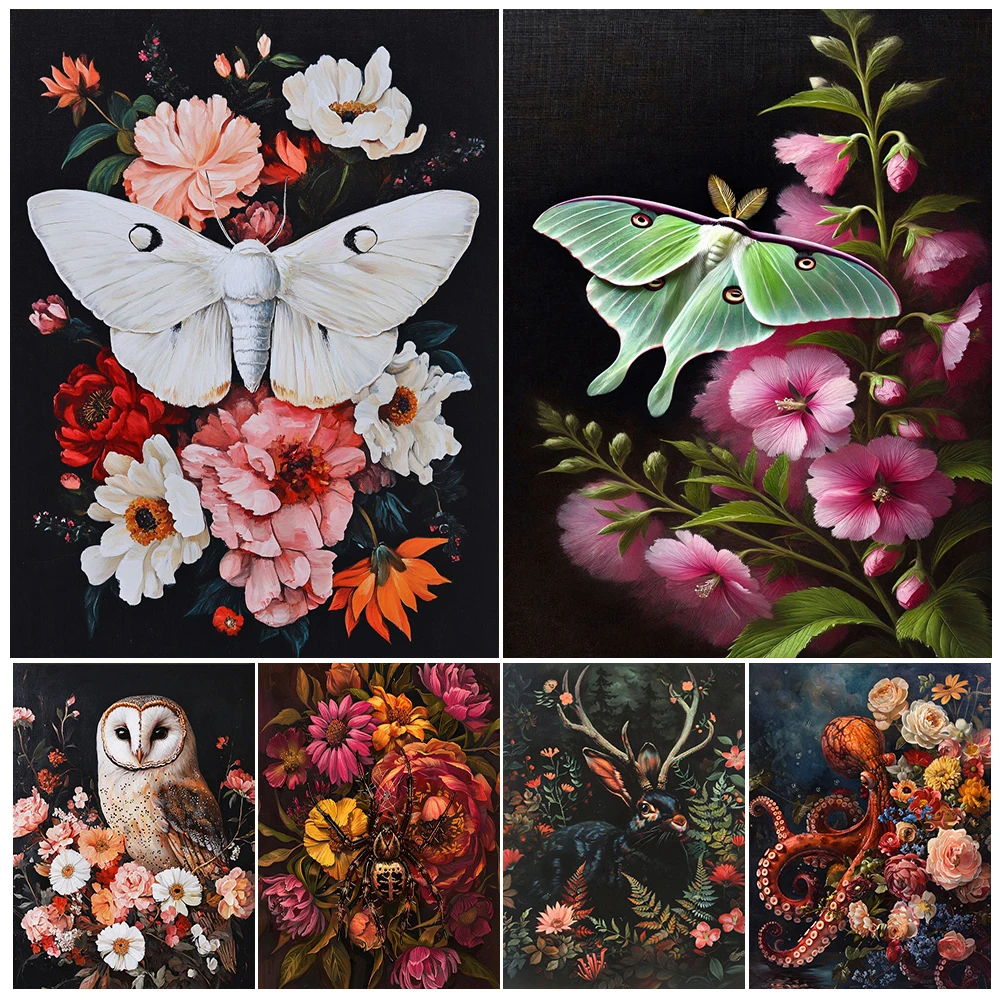 Skull Head Moth And Floral Spider Wall Art Canvas Painting,Dark Magic Creatures And Floral Art,Poster And Print Home Decoration