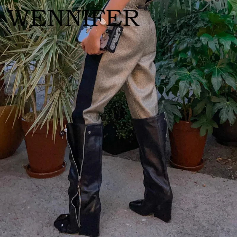 

Autumn Patchwork Leather Multicolor Wedge Knee High Boots Square Toe Zip Women Knight Long Boot Women Fashion Runway Botas Mujer