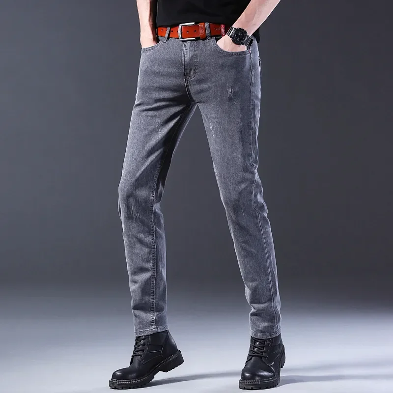 Autumn New Fashion Jeans Men Korean Style Straight Grey Middle  Waist Pants Male Casual Denim Trousers