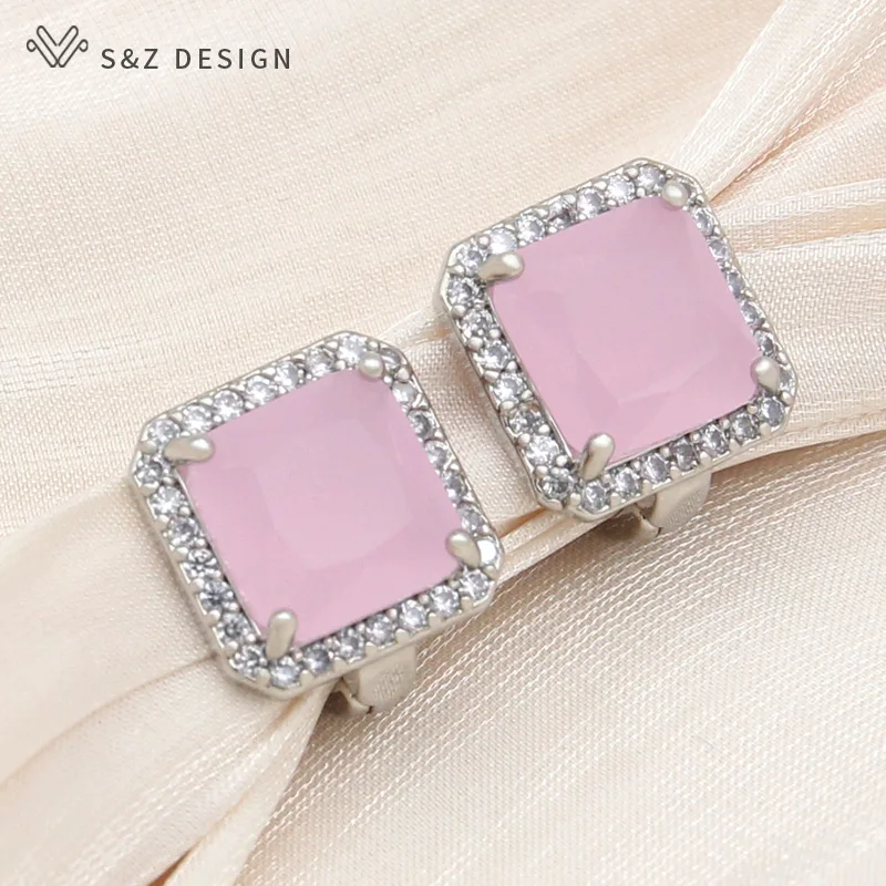 S&Z DESIGN New Fashion Square Pink Crystal Drop Earrings For Women Trendy Jewelry 585 Rose Gold Color Cubic Zirconia Eardrop