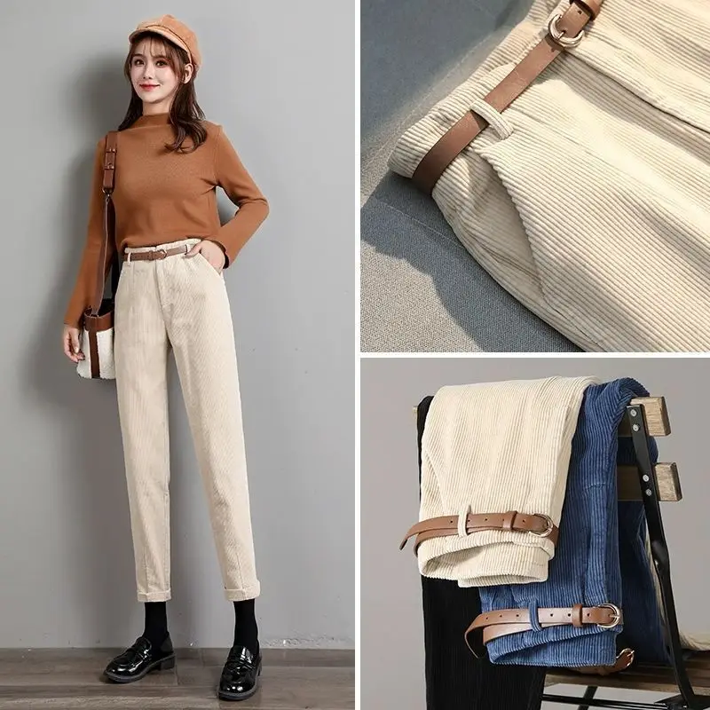 

Casual Beige Retro Corduroy Pants Fleece-Lined Thickened Autumn Winter High-End Slim Fit Look Straight Leg Cigarette Pants Women