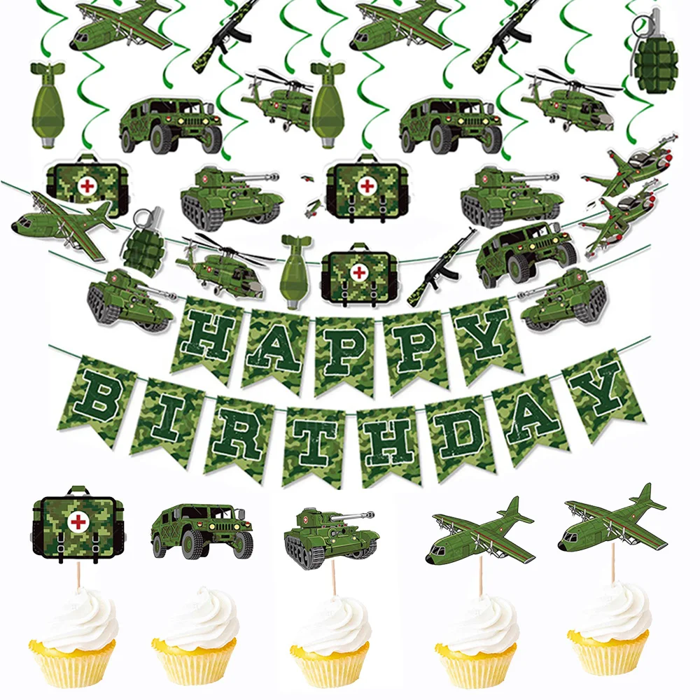 

Camouflage Birthday Party Decorations Spiral Hanging Swirls Cupcake Toppers Army Soldier Military Supplies Green Camo Banner