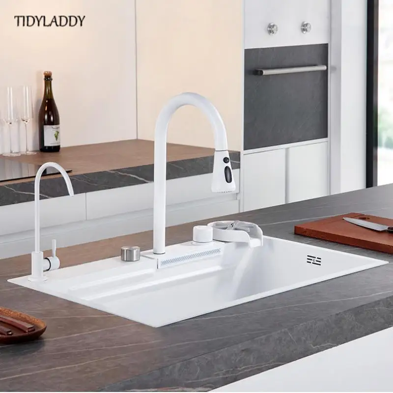 Stainless Steel Kitchen Sink Multifuctional Sink Waterfall Kitchen Faucets Left Drainer Accessories